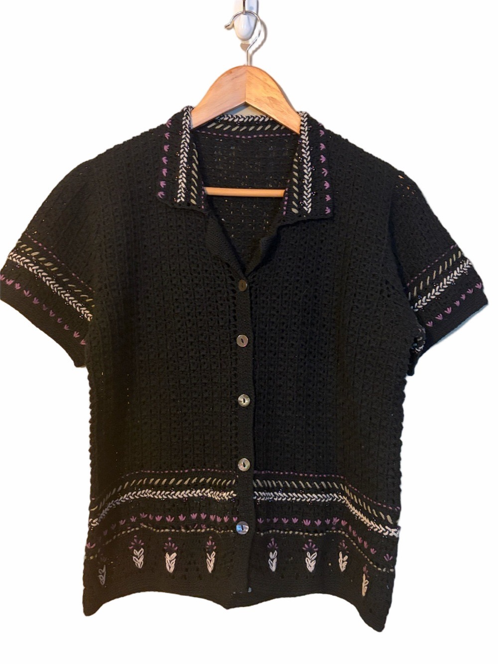 312.Black Knit Button-Up Cardigan with Purple & White Accents